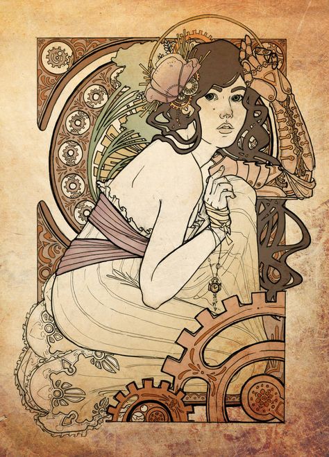 Art Nouveau Mucha, Alphonse Mucha Art, I Love Art, Mucha Art, Science Fiction Illustration, Gear Art, Steampunk Design, Steampunk Art, Sketch Inspiration