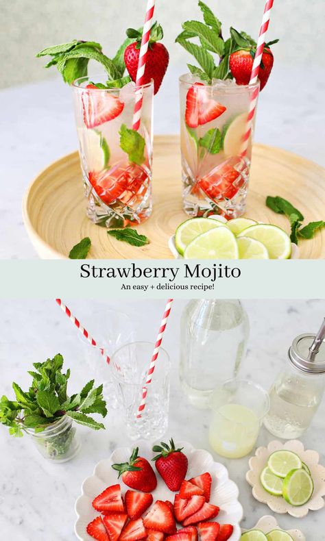 Strawberry Mojito - A Beautiful Mess Rum Simple Syrup, Strawberry Mojito Recipe, Mojito Ingredients, Popping Boba, Mint Simple Syrup, Strawberry Mojito, Mint Mojito, Mojito Cocktail, Strawberry Mint