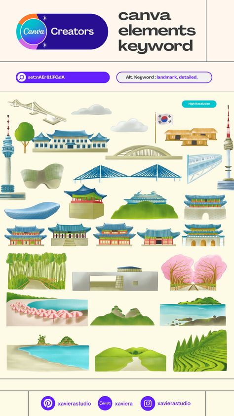 Canva element keyword for landmark south kore Landmark Illustration Design, Canva Nature Elements, Canva Illustration Keyword, Elemen Canva Keyword, Korea Illustration, Canva Keywords Elements, Canva Illustration, Canva Backgrounds, Canva Free Elements