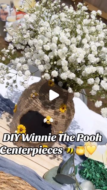 Beehive Centerpiece Diy, A Little Honey Baby Shower Ideas, Winnie The Pooh Baby Shower Centerpieces, Winnie The Pooh Baby Shower Ideas, Winnie The Pooh Centerpiece Ideas, Bee Baby Shower Centerpieces, Winnie The Pooh Diaper Cake, Diy Diaper Cake, Baby Shower Table Decorations