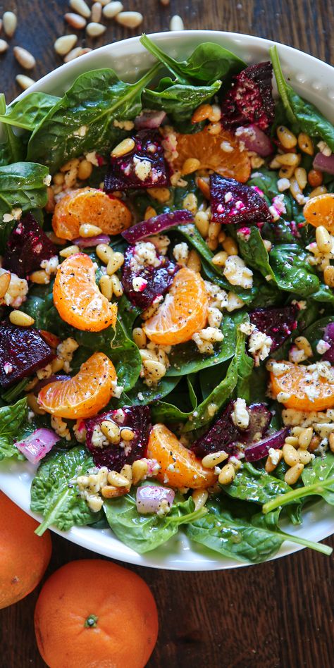 Beet Salad with Spinach, Mandarin Oranges, Red Onion, Pine Nuts, and Feta Cheese - in a white bowl. Salad With Honey Mustard Dressing, Salad With Spinach, Mandarin Orange Salad, Beet Salad Recipes, Homemade Honey Mustard, Fresh Salad Recipes, Mandarin Oranges, Honey Mustard Dressing, Beet Recipes