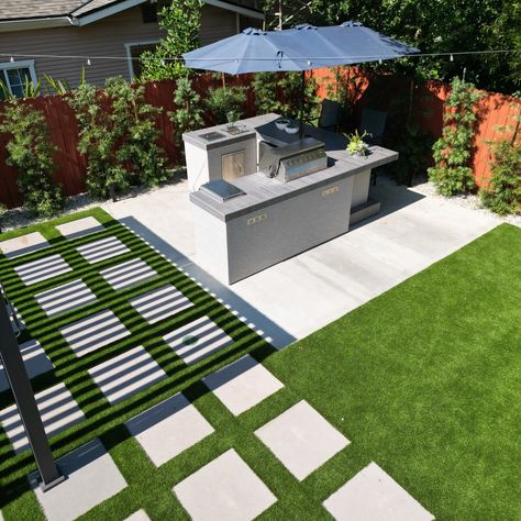 Backyard Goals Alert! Turf pavers that make your feet happy and your eyes even happier. No more mowing, no more mud – just lush green vibes all year round! Zen vibes on point with this fire pit area. Shade on demand thanks to our stunning pergola. Perfect for those sunny days when you need a little break from the heat but still wanna enjoy the outdoors. And check out this custom barbecue and grill station! It’s a grill master’s dream come true. Cook up a storm, entertain your friends, and... Backyard With Pavers, Turf Paver, Craftsman Home Exterior, Turf Backyard, Backyard Goals, Zen Vibes, Green Vibes, Grill Station, Backyard Renovations