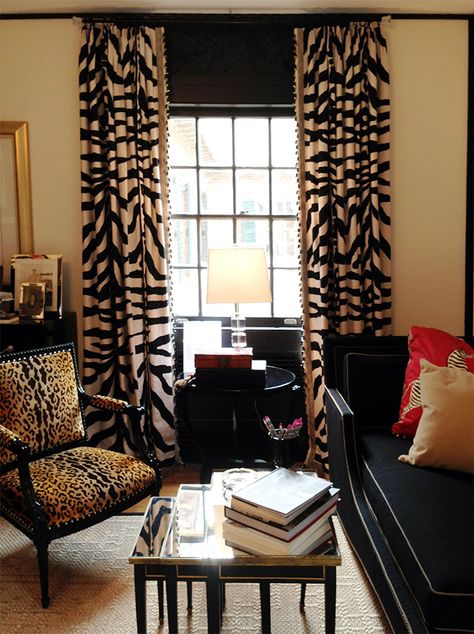 Room of the Day: This room makes black look cozy with the cream, gold and animal prints: stylish & cozy - Jack Fhillips ~ JLG Showhouse 4/25/2013 Animal Print Room, Mudcloth Decor, African Living Rooms, Chair Fabrics, Animal Print Rooms, African Interior Design, African Inspired Decor, Animal Print Decor, Print Curtains