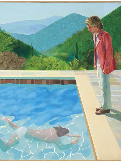 Pool With Two Figures, David Hockney Pool, David Hockney Portraits, Pool Mural, Portrait Of An Artist, Monochrome Painting, Roosevelt Hotel, Monochromatic Art, Hotel Pool