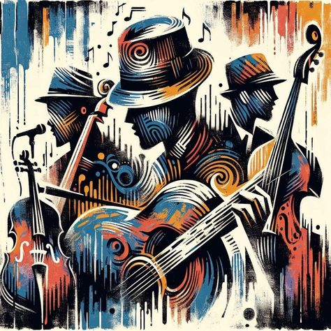 Lino cut musical trio... . #jazzmusic #jazzart #jazzposter #jazzprint #musicaltrio #linocut #wallart #walldecor #printableart #printablewallart #printablewalldecor Musical Abstract Art, Dj Painting Music Wall Art, Ambient Music Artwork, Musical Instruments Abstract Art, Music Cubism Art, Jazz Poster, Jazz Art, Lino Cut, Simple Canvas Paintings