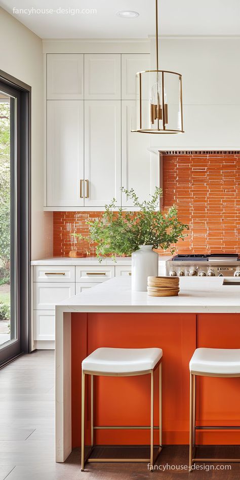 A white and burnt orange kitchen color palette is a trendy option for the best kitchen Color In Kitchen, Cabinet Color Combinations, Burnt Orange Kitchen, Kitchen Color Palette, Orange Kitchen Designs, Orange Cabinets, Kitchen Cabinet Paint, Kitchen Cabinets Color Combination, Kitchen Color Palettes