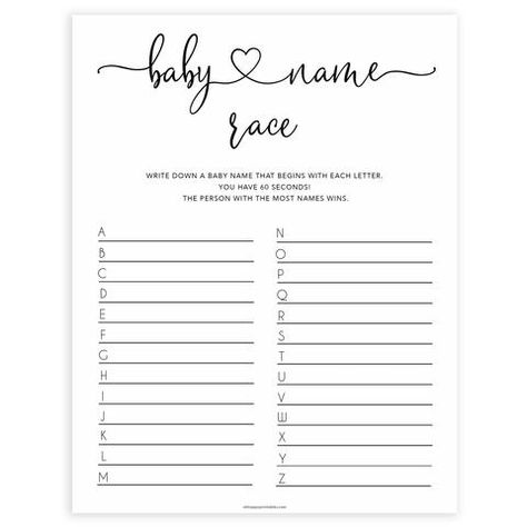 Baby Name Race. Huge collection of baby shower games.  Simply download and print at home. #babyshowergames #babygames #babyshower #twinklelittlestar #baby Ice Breaker Game, Race Writing, Gender Reveal Games, Holiday Baby Shower, Winter Wonderland Baby Shower, Bridal Games, Games Printable, Minimalist Baby, Ice Breaker