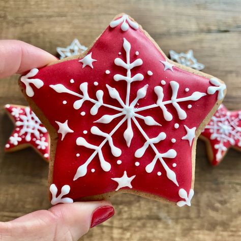 Christmas Star Biscuits, Christmas Cookie Stars Decorated, Cut Out Cookie Decorating Ideas, Star Shaped Christmas Cookies, Star Gingerbread Cookies, Decorated Star Cookies, Star Cookies Royal Icing, Star Royal Icing Cookies, Christmas Star Cookies Decorated