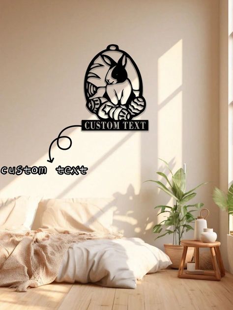 1pc Custom Easter Metal Wall Art Logo - Personalized Text With Rabbit And Egg Design, Black And White Iron Home, Garden, Doorway, Kitchen, Bedroom And Party Decorative Decorative Pieces, Perfect Spring And Easter Gifts, Wall Decorations Multicolor    Iron     Home Decor, size features are:Bust: ,Length: ,Sleeve Length: Iron Home Decor, Design Black And White, Custom Easter, Egg Design, Egg Designs, Wall Decorations, Easter Gifts, Art Logo, Kitchen Bedroom