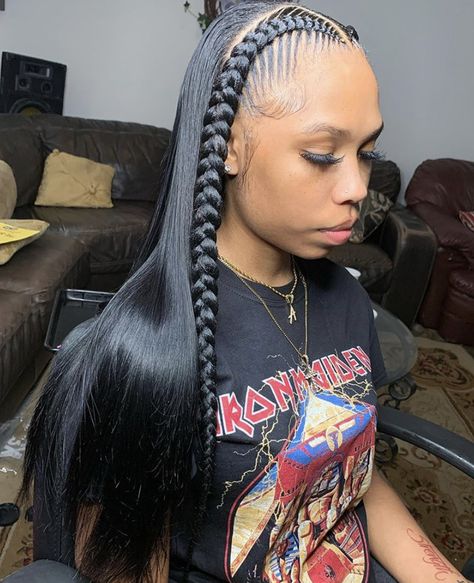 Half Feed In Braids Half Sew In Straight, Half Stitch Braids Half Sew In, Sew In With Braids At The Top, Two Braids With Weave In The Back, Braids With Sew In In The Back, Two Braids With Weave, Jamaican Quotes, Indian Braids, Sun Hair