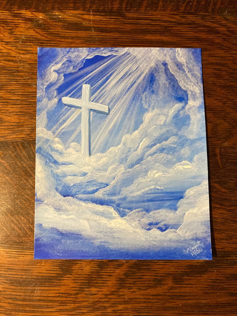 This cross of Jesus painting is gorgeous and would look great in a living room. It is 8x10 inches. Photographed in an 11x14 inch frame.  Painting only; does not include frames in photos. Biblical Paintings Canvases, Christian Paintings On Canvas Easy Aesthetic, God Canvas Painting Ideas, Graduation Painting Ideas Canvases, Christian Paintings Easy, Jesus Painting Ideas, Bible Verse Painting Canvases, Jesus Painting Canvases, Cross Painting Ideas