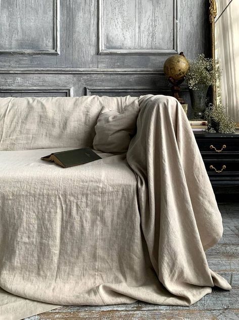 Barn style linen couch throw. Easy way to get a total room makeover. #linen #linenlove Linen Sofa Throws, Sofa Covered With Blanket, Pattern Couch Living Room, Canvas Drop Cloth Couch Cover, Cover Sofa Ideas, Cover Couch With Blanket, Throws On Sofas Living Rooms, Couch With Blankets, Couch Cover Ideas