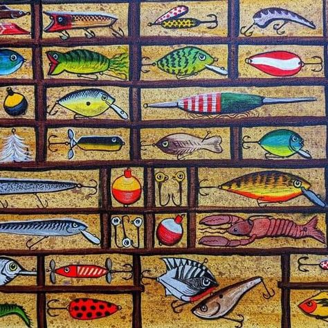 This is my acrylic painting of a variety of vintage fishing lures in a display case.  This is one of my most popular paintings for getting prints on a wide variety of products.   I appreciate your feedback and sharing my art with others.   prints/products:  https://www.redbubble.com/shop/ap/79833811 . . . #mattstarrfineart #artistic #paintings #artforsale #artist #myart #dailyart #artlover #artwork #artoftheday #gift #giftideas #tshirts #homedecor  #fishing #lure #lures #fish #bass #catf... Painting Fishing Lures, Fishing Lure Painting, Fishing Lures Art, Fishing Painting, Popular Paintings, Vintage Fishing Lures, Bass Fishing Lures, Fish Painting, Vintage Fishing