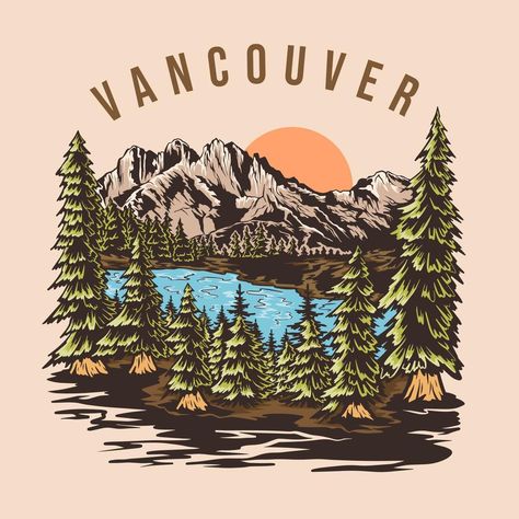 Vancouver Sunset, Sunset Illustration, Kootenay National Park, Retro Mountain, Vintage Shirt Design, Usa Pictures, Landscape Vintage, Mountain Illustration, Tshirt Illustration