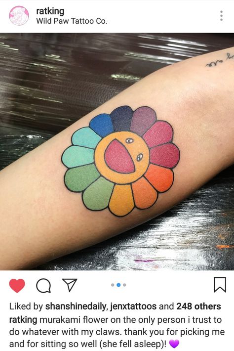 So in love with the vibrant colors! Murakami Tattoo Ideas, Takashi Murakami Flower Tattoo, Takashi Murakami Tattoo, Rainbow Flower Tattoo, Murakami Flower Tattoo, Murakami Tattoo, Baddie Tattoos, Black Men Tattoos, Murakami Flower