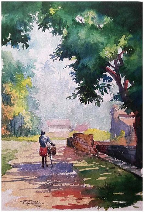 village. water colour painting. prince konganoor. Kerala artist. india #watercolour #watercolorpainting #watercolor #watercolourart #villagepainting Village Composition Painting, Village Scene Drawing, Modern Watercolor Paintings, Watercolor Scenery, Composition Painting, Modern Art Canvas Painting, India Painting, Watercolor Paintings Nature, Watercolour Landscape