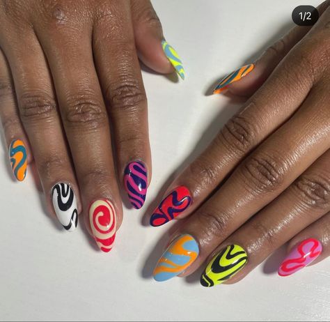 2033 Nails, 90s Line Art Nails, Fun Nail Designs Summer, 90s Abstract Nails, Neon Abstract Nails, 90s Nail Designs, 90’s Theme Acrylic Nails, Trippy Manicure, Swirl Nails