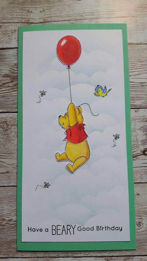 Clean and simple slimline Winnie the Pooh birthday card. Coloured with Arteza Expert coloured pencils, the background ink blended with Wendy Vecchi dye ink. Birthday Cards Winnie The Pooh, Winnie The Pooh Birthday Card Diy, Diy Disney Birthday Card, Winnie The Pooh Birthday Cards, Disney Birthday Card Ideas, Disney Birthday Cards Diy, Diy Disney Cards, Winnie The Pooh Birthday Card, Winnie The Pooh Card