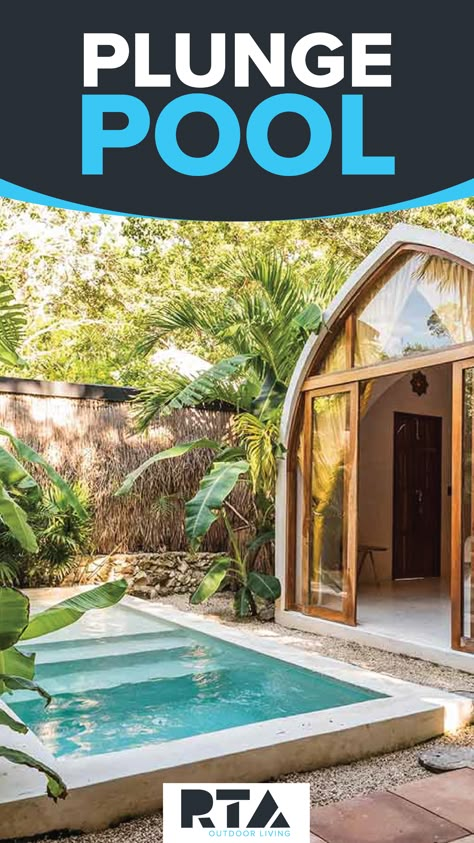 Plunge pool in a backyard beside greenery and a covered roof structure. Small Shallow Pool Ideas, Zero Entry Plunge Pool, Hot Tub Plunge Pool Combo, Walk In Plunge Pool, Backyard Plunge Pool Ideas, Hot Cold Plunge Pool, Plunge Pool With Fountain, Backyard Plunge Pool Small Spaces, Square Plunge Pool