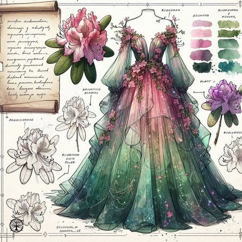 Page 125 - 128: "Dancing Under Blossoming Rhododendron" #aiart #aiartwork #aiartcommunity #aisketch #aiconceptart #fantasy #fantasyart #fantasyrace #fantasyculture #ball #formal #dance #dress #suit #nature #rhododendron #beastiary #fieldguide Nature Gowns Beautiful Dresses, Jade Green Wedding Dress, Dream Dress Aesthetic, Enchanted Forest Dress Ideas, Nature Inspired Outfits Drawing, Nature Wedding Dress Fairies, Air Inspired Outfits, Dnd Dress Design, Drawing Reference Dress