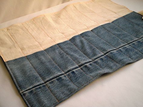 A tool roll I made for my Mister man. It is made from upcycled denim and canvas.  Blogged as a tutorial. Knitting Needles Storage, Tool Bag Diy, Things To Do With Old Jeans, Repurpose Jeans, Jeans Projects, Wrench Roll, Jean Ideas, Knitting Needle Storage, Diy Knife