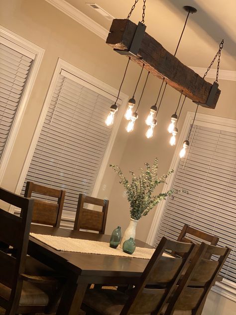 Diy Dining Lighting Ideas, Faux Beam Light Fixture, Dining Room Light Fixtures Rustic, Dining Room Lighting Rustic, Rustic Light Fixture, Dark Light Fixtures, Rustic Over Island Lighting, Double Light Fixtures Over Dining Table, Beam Chandelier