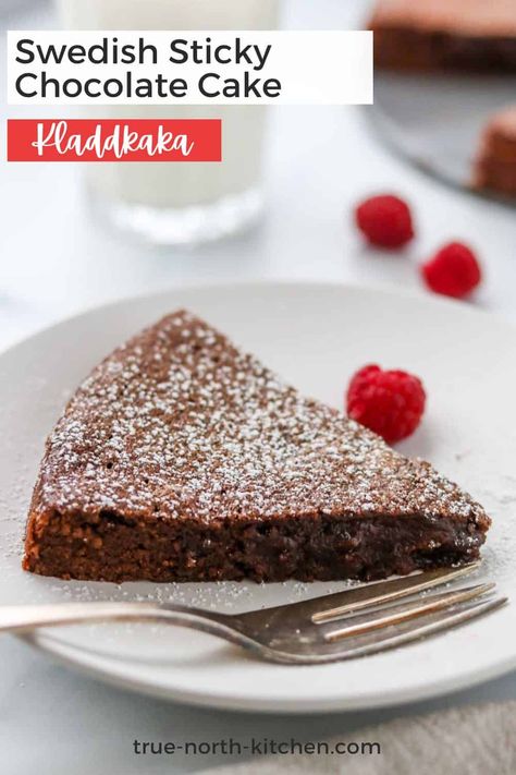 Swedish Sticky Chocolate Cake (Kladdkaka) Swedish Christmas Desserts, Swedish Chocolate Cake, Swedish Visiting Cake Bars, Swedish Sticky Chocolate Cake, Sticky Chocolate Cake, Swedish Baking, Swedish Almond Cake, Scandinavian Baking, Nordic Recipes