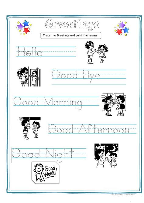 Greetings for kids - English ESL Worksheets for distance learning and physical classrooms Greetings Worksheets, Esl Worksheets For Beginners, English Worksheets For Kindergarten, Worksheet For Kids, Learning English For Kids, English Worksheets For Kids, Kids English, English Lessons For Kids, English Activities