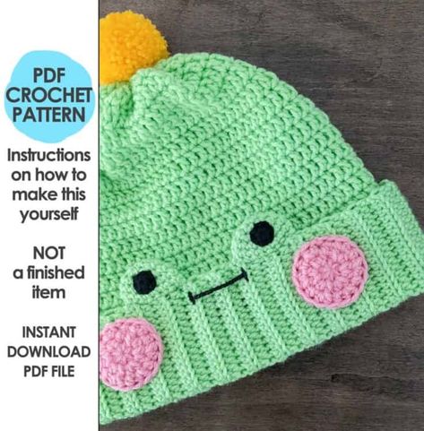 Frog Hat Crochet, Froggy Hat, Beanie Hat Crochet Pattern, Beanie Hat Crochet, Crochet Pattern Instructions, Hat Crochet Pattern, Pom Pom Maker, Crochet Frog, Crochet Design Pattern