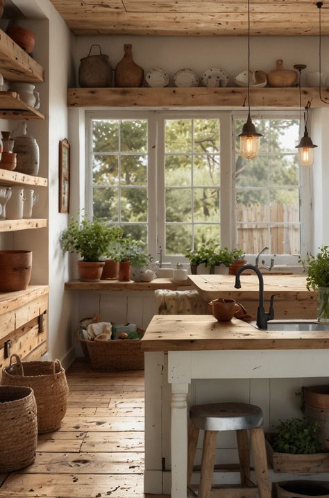 Farmhouse Styling, Cottage Core Home, Boho Kitchen Ideas, Farmhouse Kitchen Inspiration, Indoor Kitchen, Rustic Kitchen Design, Rustic Farmhouse Kitchen, Vintage Elements, Kitchen Design Trends