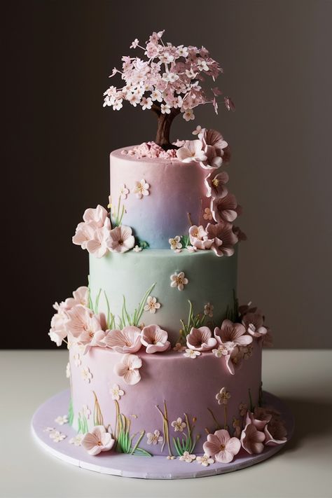 Blossom into a New Age with Exquisite Cherry Blossom Cakes Cherry Blossom Theme Birthday Party, Cherry Blossom Cake Ideas, Cherry Blossom Birthday Theme, Japanese Cake Design, Contemporary Cake, Birthday Cake Aesthetic, Wedding Suggestions, Elegant Floral Arrangements, Wedding Cake Tree