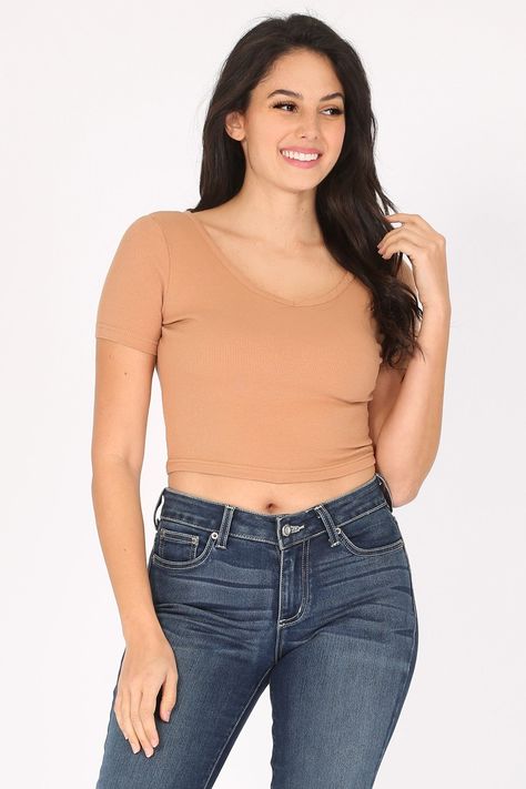 Fashionably express yourself with this Solid Baby Ribbed V-Neck Short Sleeve Crop T-Shirt! Made of 95% Cotton and 5% Spandex, this crop top features a stunning v-neck that lets your personality shine. Showcase your uniqueness in style! 95% Cotton / 5% Spandex Crop Top V-Neck Spandex Crop Top, Crop T Shirt, Crop Tshirt, Blue Jean, Mocha, Blue Jeans, Shirts Tops, Express Yourself, Multi Color