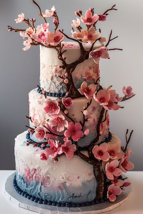 Cherry Blossom Elegance: Crafting the Perfect Birthday Masterpiece Nature Theme Wedding Cake, Sakura Wedding Cake, Japan Theme Cake, Sakura Cake Design, Wedding Cake Cherry Blossom, Cherry Blossom Cake Ideas, Cherry Blossom Birthday Theme, Japanese Theme Cake, Japanese Cake Design