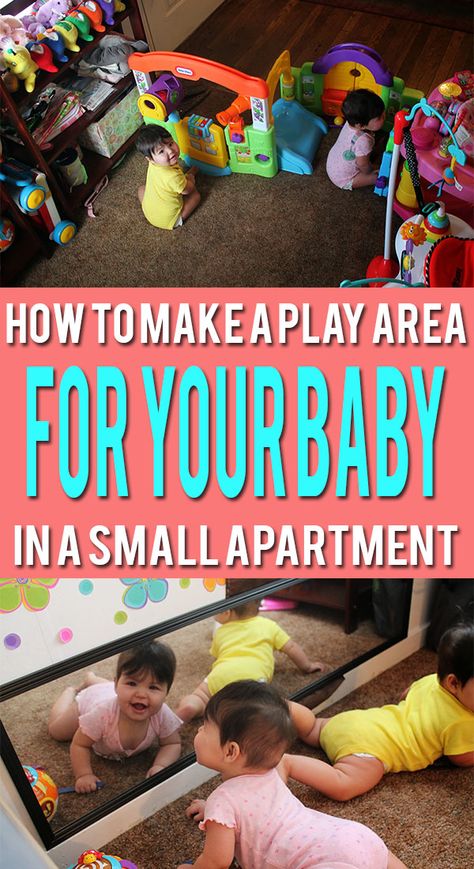 Got a small apartment? Create a nice play area in your home for your baby to play in despite the lack of square footage! 6 Month Old Play Area, Small Baby Play Area, Small Apartment Play Area, Montessori Playroom Baby, Infant Play Area In Living Room, Infant Play Area, Baby Play Area, Newborn Activities, Baby Play Yard