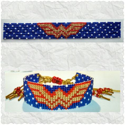 Beaded Wonder Woman bracelet made on a beading loom by Raven Arcana Diy Bead Loom Bracelet, Bead Loom Bracelets Patterns Funny, Wonder Woman Beaded Bracelet, Spider-man Loom Bracelet, Bead Loom Bracelets Patterns Beads Gone Wild, Seed Bead Bracelets Patterns Loom Native American, Loom Jewelry, Bead Loom Designs, Seed Bead Pattern