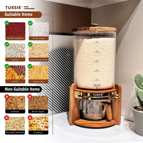 Tuksik Rice Dispenser -12Lbs/7L Rice container, Large Grain Container Storage, Glass Rice Bucket,High-grade handmade products, Creative wooden food containers for kitchen storage Rice Container Storage, Small Red Beans, Rice Storage Container, Containers For Kitchen, Rice Dispenser, Rice Container, Bar Equipment, Rice Storage, Cake Storage