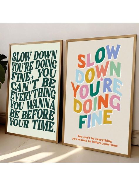 2pcs/Set Retro Music Theme Canvas Wall Art Print, Decorative Art Modern Style, Frameless Letter Pattern Poster, Suitable For Home Office, Bathroom, Living Room, Bedroom, Interior Decoration, Ink Art Vertical Direction -1 "Slow Down" Inspirational Quote Art Print Multicolor Simple   Non-woven Fabric Letter Unframed Painting   Home Decor, size features are:Bust: ,Length: ,Sleeve Length: Cute Posters For Bedroom Wall Art, Paintings For Room, Travel Inspired Decor, Cute Office Decor, Retro Painting, Pattern Poster, Quote Art Print, Cute Office, Fabric Letters