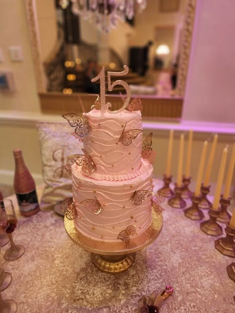 Sweet 16 Cake Butterfly, Pink Butterfly Quinceanera Cake, Pink And Gold Debut Theme, Butterfly Rose Gold Cake, Butterfly 15 Theme Pink, Rose Gold And Pink Sweet 16, Quince Cakes Pink Butterfly, Pink And Gold Sweet 16 Theme, Pink Xv Cake