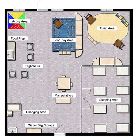 Inspiration for infant area Daycare Floor Plans, Toddler Daycare Rooms, Classroom Floor Plan, Preschool Classroom Layout, Daycare Room Design, Infant Room Daycare, Infant Toddler Classroom, Daycare Business Plan, Daycare Setup