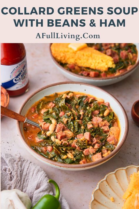 This Slow Cooker Collard Greens Soup with Ham and Beans is the ultimate hearty Southern comfort food meal! It's incredibly flavorful, simple to prepare, and very hands-off with the use of the slow cooker. Soup Collard Greens, Collard Greens Dinner Ideas, Sausage And Collard Green Soup, Collard Soup, Slow Cooker Collard Greens, Collard Greens Soup, Collard Green Soup, Soup With Beans, Ham Hock Recipes