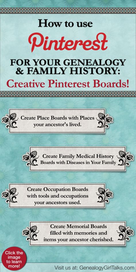 Creating Pinterest Boards for Genealogy by Genealogy Girl Talks. Click the pin to learn more! Genealogy Binder, Girl Talks, Free Genealogy Sites, Genealogy Ideas, Family History Projects, Genealogy Organization, Relationship Chart, Genealogy Help, Family Tree Research