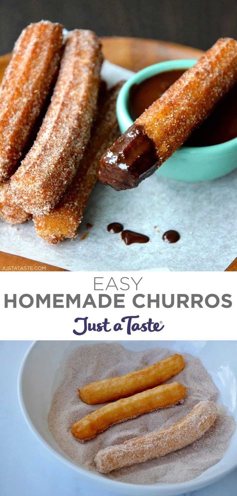 All you need is a few simple pantry ingredients and less than 30 minutes for hot, crispy Homemade Churros rolled in cinnamon-sugar! #justatasterecipes Homemade Churros Recipe, Easy Churros, Gooey Desserts, Easy Churros Recipe, Chocolate Sauce Recipes, Homemade Churros, Chocolate Dip, Recipe Thanksgiving, Churros Recipe