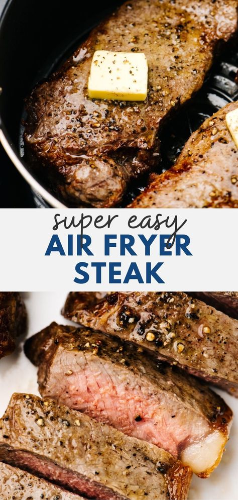 Cook your steak in the air fryer for a restaurant-quality meal from the comfort of your own kitchen any day of the week! Air Fryer steaks are a great beginner recipe - there's almost no technique required, and anyone with a meat thermometer can nail the perfect temperature. #airfryer #airfryersteak #airfryerrecipes #steak #friedsteak #howtocook #howtocooksteak Steak Cooked In Air Fryer, Strip Steak Air Fryer Recipes, Steaks In The Airfryer, Air Fryer Boneless Sirloin Steak, T Bone Steak In Air Fryer How To Cook, Strip Steak Recipe Air Fryer, Ribeye Steak Bites In Air Fryer, Air Fryer Steak Marinade, Steak Dinner Ideas Air Fryer