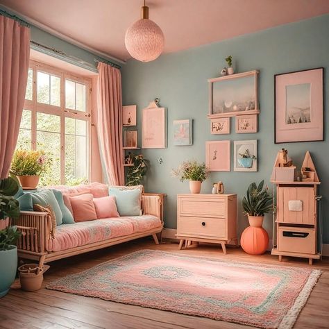 Green And Pink Living Room Aesthetic, Aqua And Pink Living Room, Loungeroom Styling Layout, Pastel Color Home Interiors, Pastel Colors Interior Design, Pastel Pink And Blue Room, Periwinkle Living Room, Pink And Blue Living Room Ideas, Light Blue Interior Design