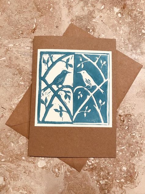 Blue Lovebirds Linocut Greetings Card Anniversary | Etsy Linocut Cards, Valentines Day Cards Handmade, Card Anniversary, Linocut Art, Wood Block Printing, Art Carte, Personalized Valentines, Drawing Skills, Linocut Prints