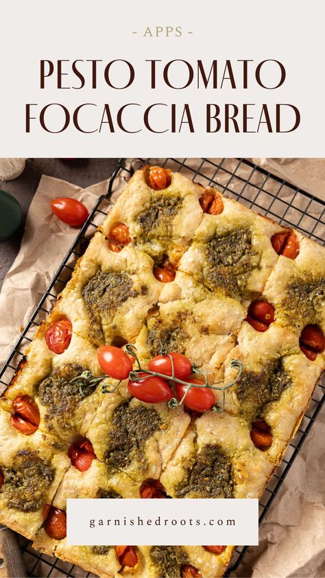 Pesto focaccia bread recipe with cherry tomatoes and sea salt. The perfect bread for special occasions or as a delicious snack! | garnishedroots.com Pesto Focaccia Bread, Pesto Foccacia, Recipe With Cherry Tomatoes, Pesto Focaccia, Tomato Focaccia, Pesto Bread, Foccacia Bread, Focaccia Bread Recipe, Tomato Pesto