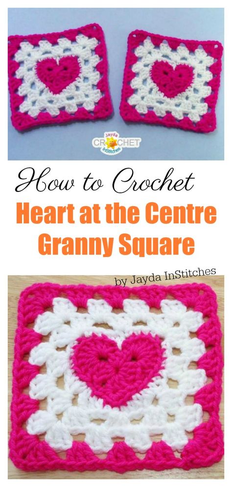 How to Crochet Heart at the Centre Granny Square Video Tutorial #freecrochetpattern #crochetpattern Crochet Granny Square With Heart, Granys Crochet Squares Heart, Checker Granny Square, Unique Granny Square Crochet Pattern, Crochet Heart Granny Square Pattern, Heart Granny Square, Granny Square Pattern Free, Granny Square Häkelanleitung, Crocheted Squares