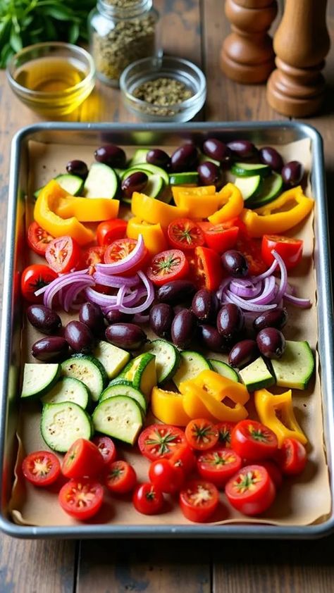 Sheet Pan Mediterranean Roasted Veggies With Feta and Olives - Recipe Archive Pan Veggies Sheet, Roasted Sheet Pan Veggies, Sheet Pan Food, Sheet Pan Vegetables, Sheet Pan Veggies, Mediterranean Roasted Vegetables, Sheet Pan Mediterranean, Pan Veggies, Feta And Olives