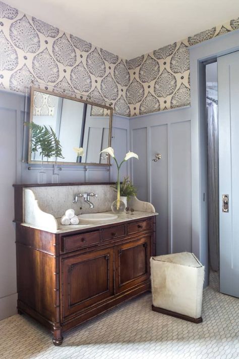 The 24 Best Wainscoting Ideas For Your Home - Rhythm of the Home Painted Board And Batten With Wallpaper, Ornate Board And Batten, High Board And Batten Wall Bathroom, Small Bathroom Board And Batten, Wallpaper And Board And Batten, Board And Batten Bathroom, Traditional Style Bathroom, Batten Walls, Bathroom Wainscoting