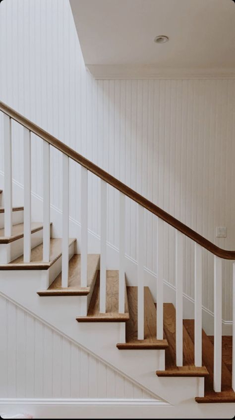 Stairs Board And Batten, Cape Interior, Shiplap Staircase, Foyer Floors, Stair Update, Farm Garage, Attic Master Suite, Downstairs Hallway, Stair Shelves